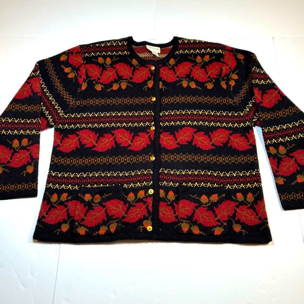 Vintage Crystal Kobe Cardigan Sweater Womens XL Leaves Gold Buttons Granny